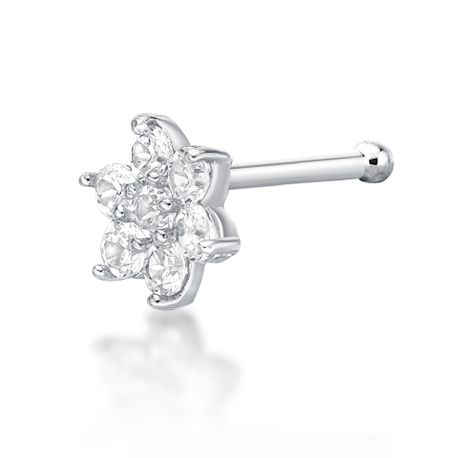 14K White Gold Straight Bone 4.5 MM Cubic Zirconia Flower Nose Ring, 22 Gauge