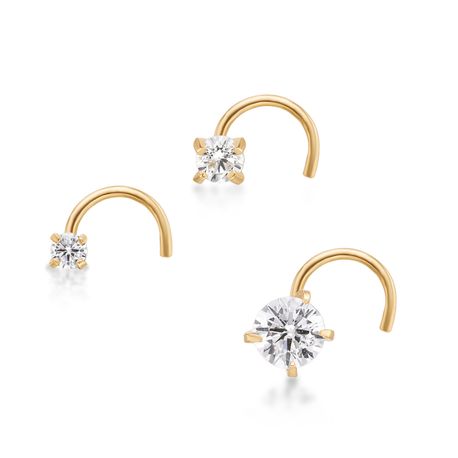 14K Yellow Gold Curved Stud 1.5MM, 2MM, 2.5MM Cubic Zirconia Nose Ring Set, 22 Gauge