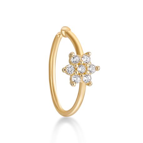 14K Yellow Gold 4 MM Cubic Zirconia Flower Hoop Nose Ring, 22 Gauge