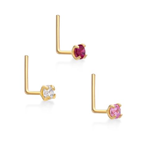 14K Yellow Gold 2 MM Cubic Zirconia L-Shaped Nose Ring Set, 22 Gauge