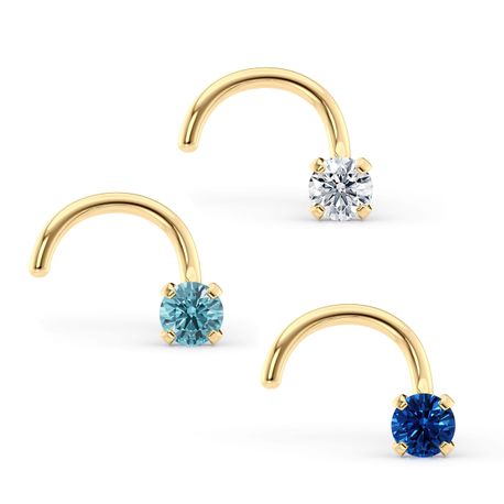 14K Yellow Gold Curved Blue Cubic Zirconia Nose Ring, 20 Gauge
