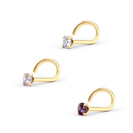 14K Yellow Gold Curved Purple Cubic Zirconia Nose Ring, 20 Gauge