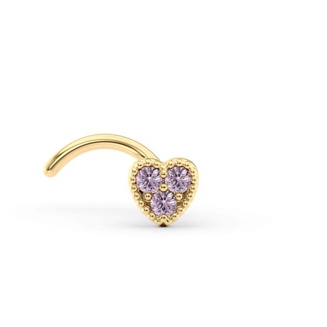 14K Yellow Gold Curved Purple Heart Cubic Zirconia Nose Ring, 20 Gauge