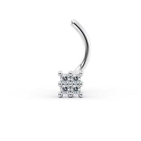 14K White Gold Curved Screw Square Cubic Zirconia Nose Ring, 20 Gauge