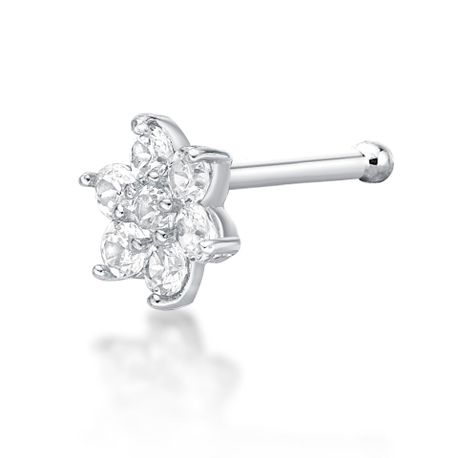 14K White Gold Flower Lab Grown Diamond Nose Ring, 0.07 Carat, 20 Gauge