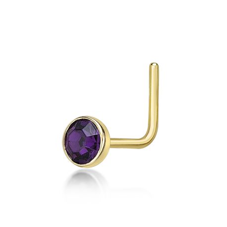 14K Yellow Gold 3 MM Purple Swarovski L-Shape Stud Nose Ring, 20 Gauge