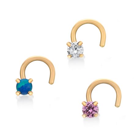 14K Yellow Gold 2 MM Cubic Zirconia Curve Nose Ring Set, 22 Gauge