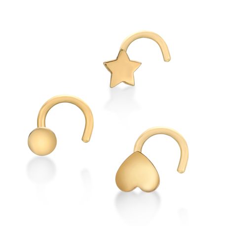 10K Yellow Gold Star, Circle, Heart Curve Nose Ring Set, 22 Gauge