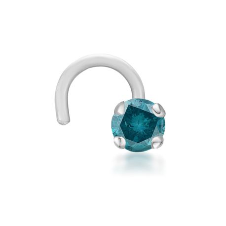 14K White Gold Curved Blue Diamond Nose Ring, 0.05 Carat, 20 Gauge