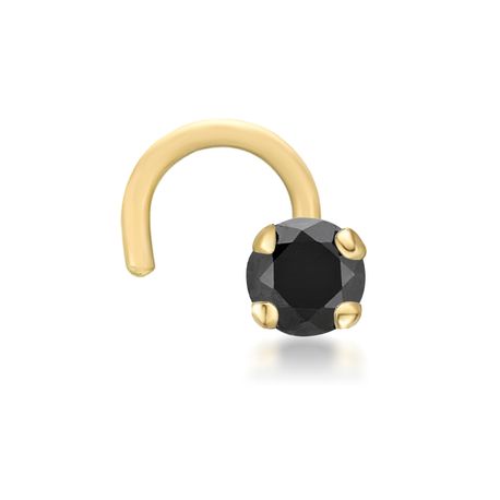 14K Yellow Gold Black Diamond Curved Screw Nose Ring, 0.07 Carat, 22 Gauge