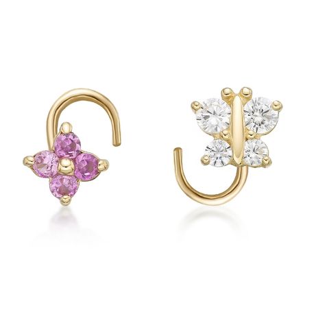 14K Yellow Gold Cubic Zirconia Butterfly and Flower Curve Nose Ring Set, 22 Gauge
