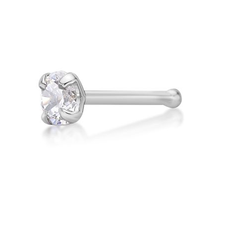 14K White Gold Straight Bone 3 MM Cubic Zirconia Nose Ring Stud, 20 Gauge
