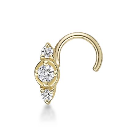14K Yellow Gold 0.03 Carat Lab Grown Diamond Three Stone Curved Nose Ring, 20 Gauge
