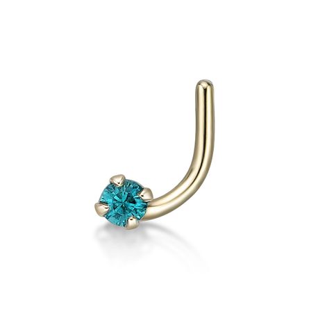 14K Yellow Gold Curved Stud 2 MM Blue Cubic Zirconia Nose Ring, 20 Gauge