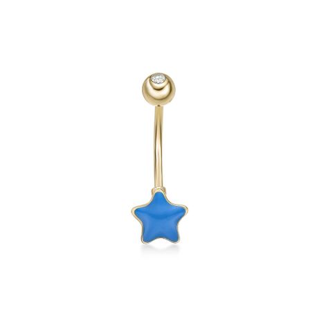 10K Yellow Gold Blue Enamel Star Belly Ring with Cubic Zirconia