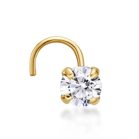14K Yellow Gold Curved 3 MM Cubic Zirconia Nose Ring, 20 Gauge