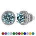 Central Diamond Center Round Halo Birthstone Stud Earrings 6.5mm Sterling Silver - March - Simulated Aquamarine (White)