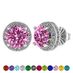 Central Diamond Center Round Halo Birthstone Stud Earrings 6.5mm Sterling Silver - October - Simulated Pink Tourmaline (White)