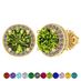 Central Diamond Center Round Halo Birthstone Stud Earrings Sterling Silver, August - Simulated Peridot (Yellow) 6.5mm