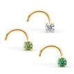 14K Yellow Gold Curved Green Cubic Zirconia Nose Ring, 20 Gauge