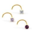 14K Yellow Gold Curved Purple Cubic Zirconia Nose Ring, 20 Gauge