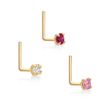14K Yellow Gold 2 MM Cubic Zirconia L-Shaped Nose Ring Set, 22 Gauge