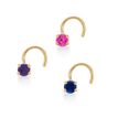 14K Yellow Gold Curved Screw 2 MM Cubic Zirconia Nose Ring Set, 22 Gauge