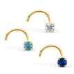 14K Yellow Gold Curved Blue Cubic Zirconia Nose Ring, 20 Gauge